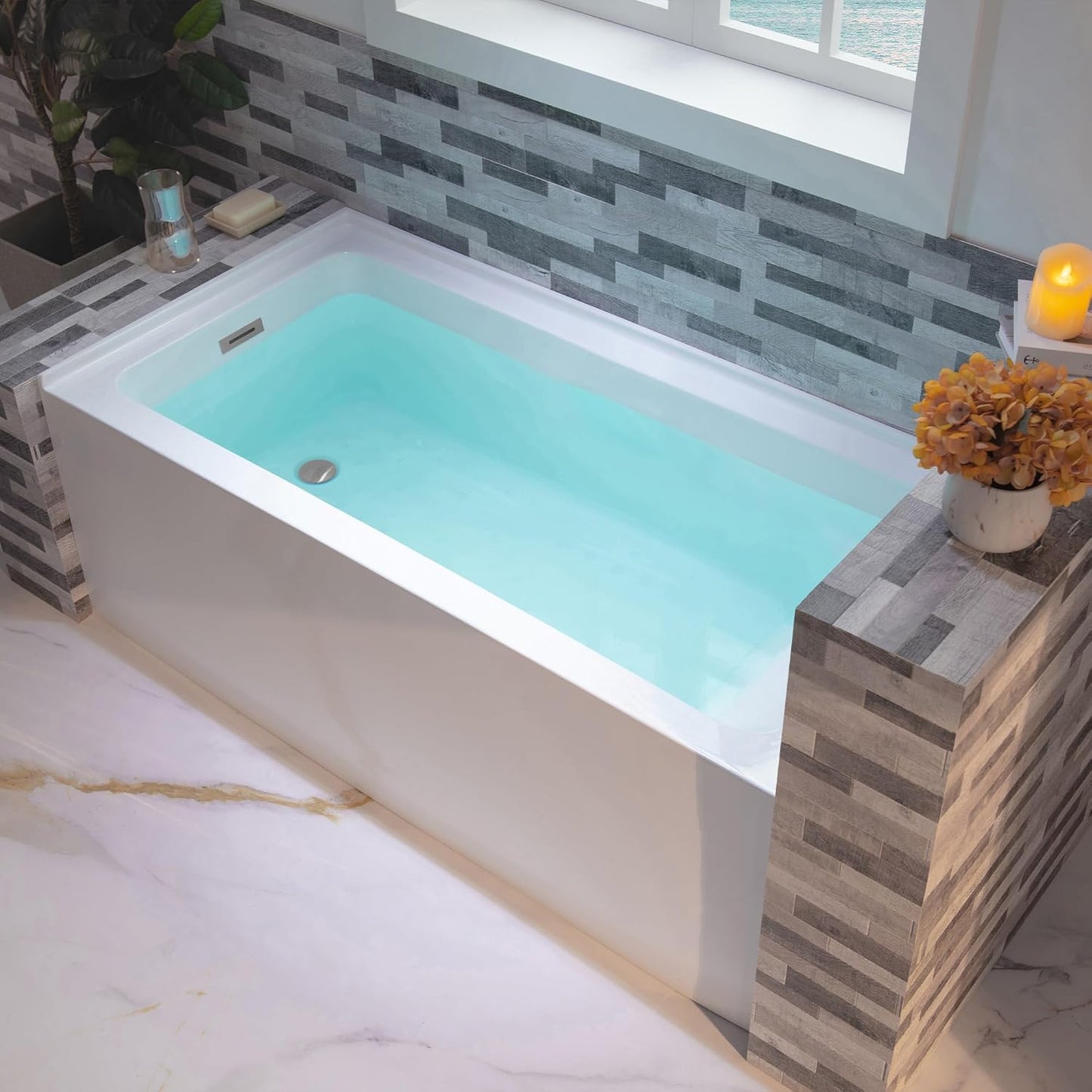 WOODBRIDGE 60" Acrylic Rectangular Alcove Soaking Bathtub in White with Left Drain, Chrome pop-up Drain Included, LB428-L