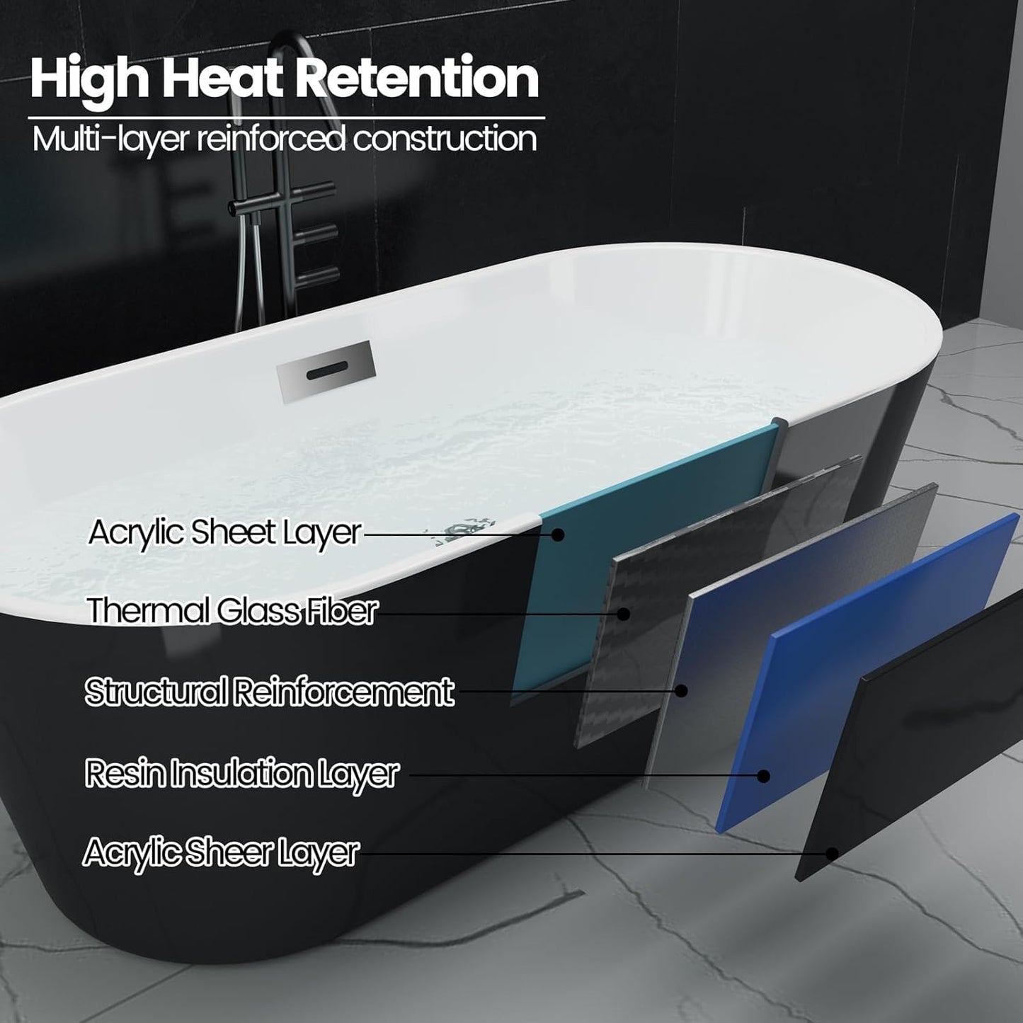 67" Acrylic Freestanding Bathtub, Free Standing Soaking Tub, Free Standing Tub with Overflow and Matte Silver Drain, Modern Bathtub for Bathroom, Hotel, Easy to Install, CUPC Certified, Black, Sky