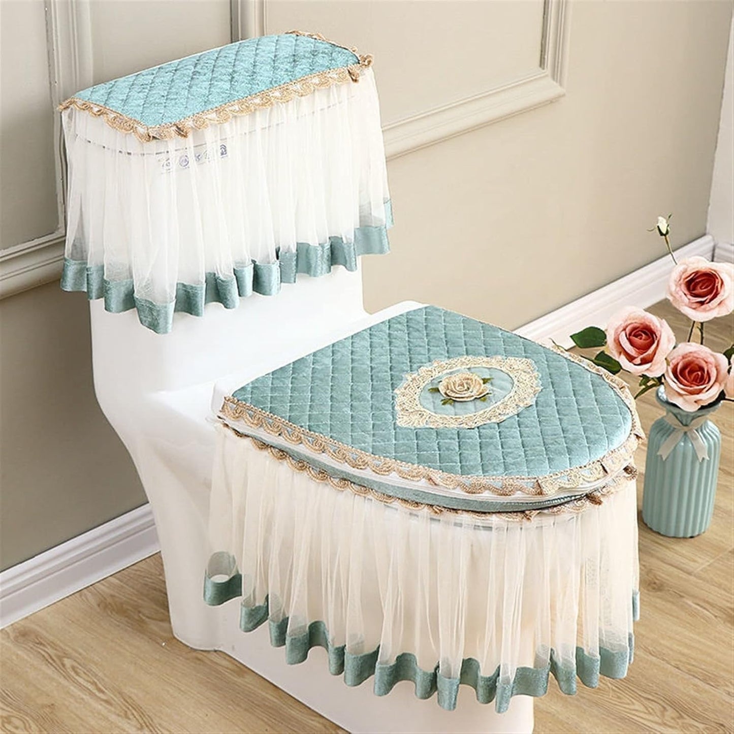 3pcs Toilet Seat Cover Green Gray Tank Cover Lace Decorative Toilet Case Bathroom Washable Closestool Seat Cover(Light Grey)