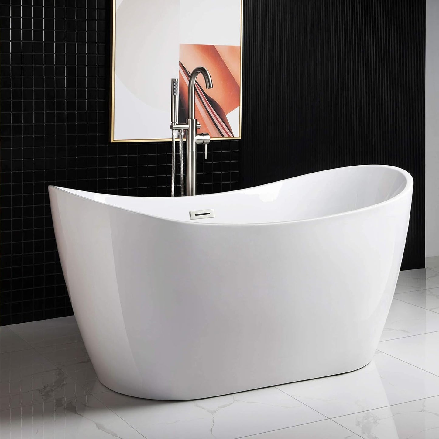 WOODBRIDGE 59" Acrylic Freestanding Bathtub Contemporary Soaking Tub with Brushed Nickel Overflow and Drain B-0016 -B/N-Drain &O