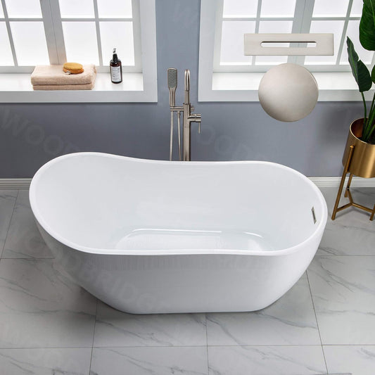 WOODBRIDGE 59" Acrylic Freestanding Bathtub Contemporary Soaking White Tub with Brushed Nickel Overflow and Drain，B-1530 -B/N-Drain &O