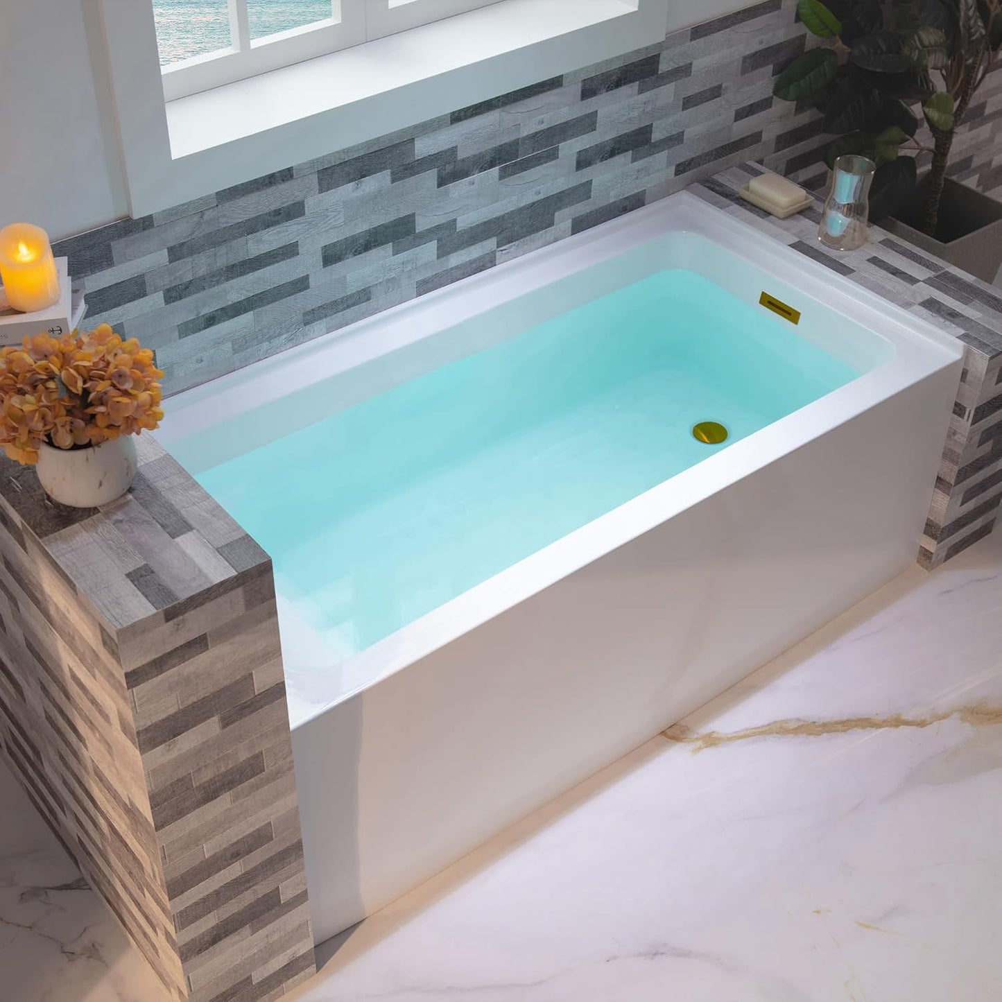 WOODBRIDGE 60" Acrylic Rectangular Alcove Soaking Bathtub in White with Left Drain, Chrome pop-up Drain Included, LB428-L