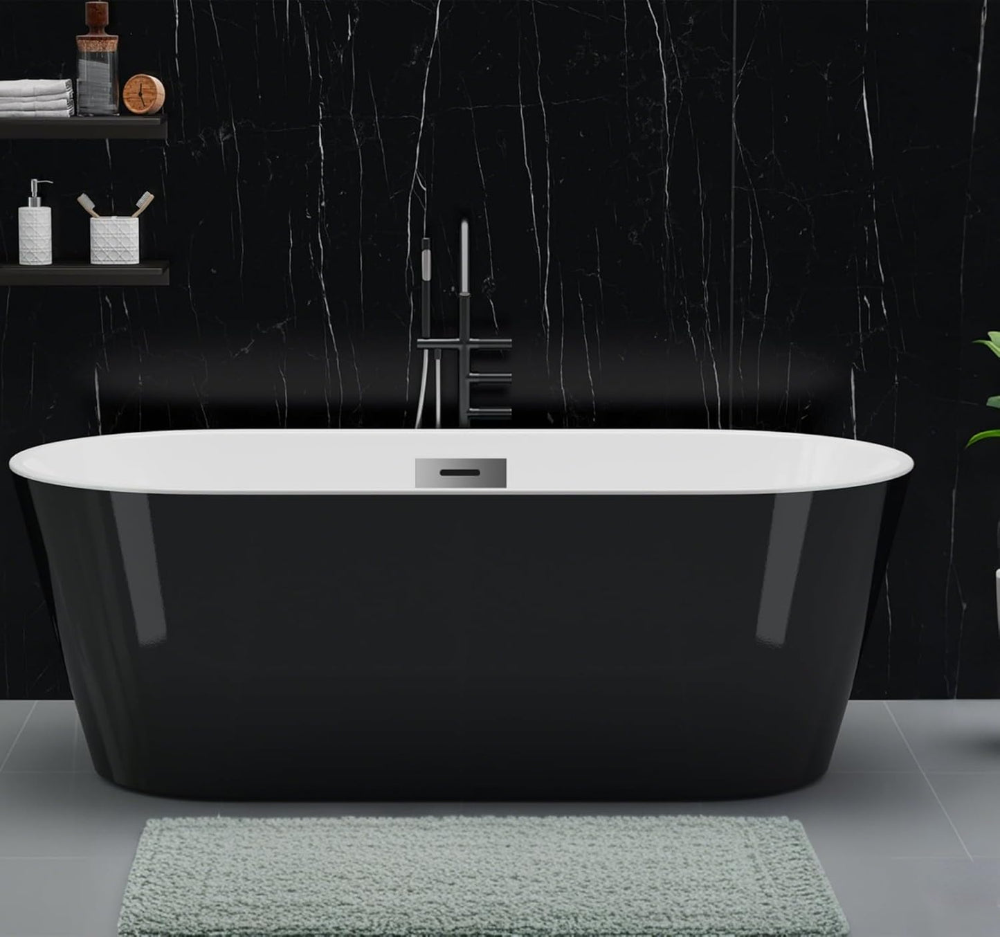 Freestanding Bathtub 59 Inch Acrylic Soaking Tub, Black and White Stand Alone Bathtub with Chrome Drain and Overflow, Space-Saving Freestanding Tub for Small Bathroom or Apartment