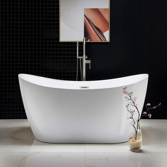 WOODBRIDGE 59" Acrylic Freestanding Bathtub Contemporary Soaking Tub with Brushed Nickel Overflow and Drain B-0016 -B/N-Drain &O