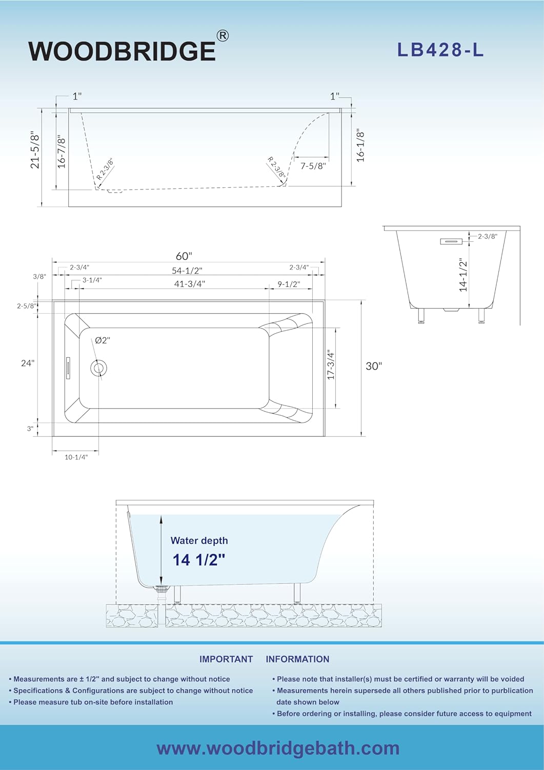 WOODBRIDGE 60" Acrylic Rectangular Alcove Soaking Bathtub in White with Left Drain, Chrome pop-up Drain Included, LB428-L