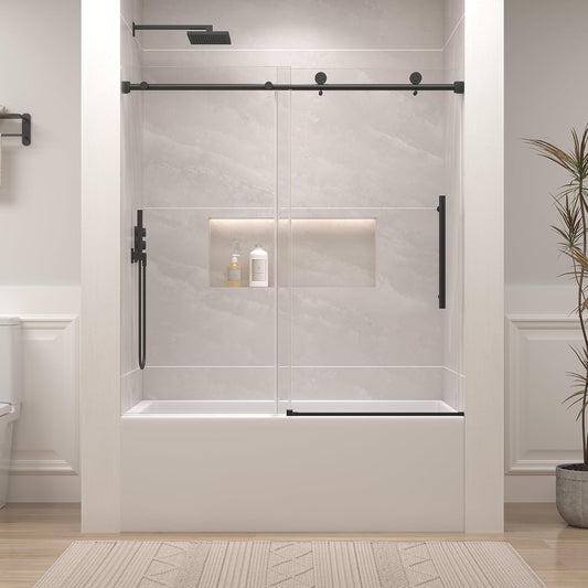 Frameless Bathtub Shower Door, 55-60" W x 60" H Sliding Tub Shower Door, 1/4''(6mm) SGCC Tempered Glass with Explosion-Proof Film Nano Coating, Stainless Steel Hardware, Matte Black