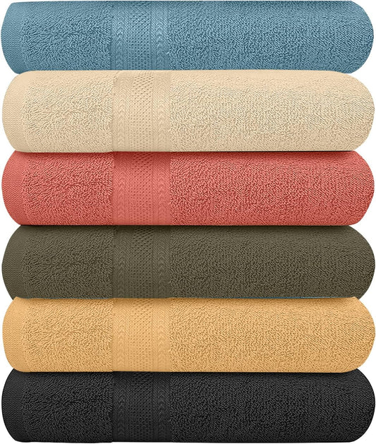 Pack of 6 Bath Towels Set 27 x 54 Inches, 100% Cotton, Larger & Lighter Weight, Quicker to Dry, Super Soft and Absorbent, Perfect for Bathroom (Multicolor, Pack of 6 (27''x54''))