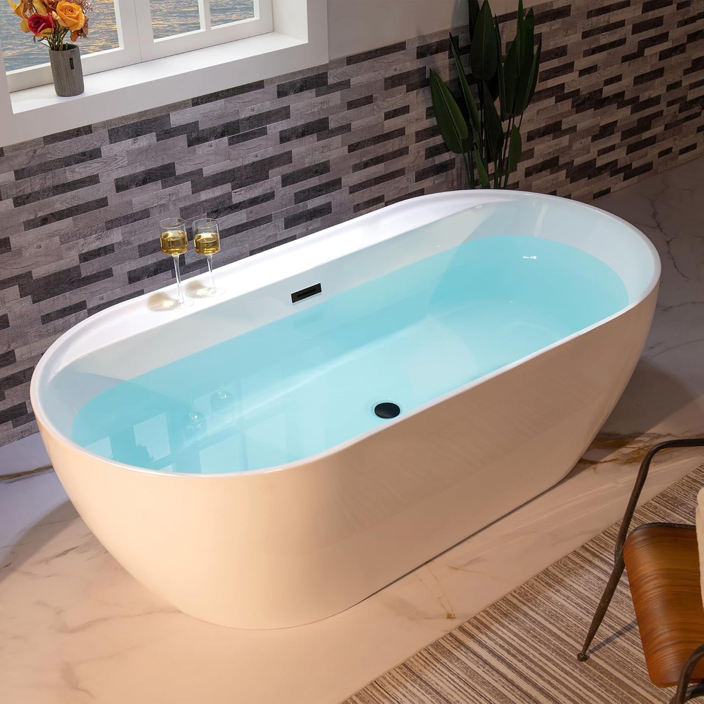 WOODBRIDGE 72" Acrylic Freestanding Bathtub Contemporary Soaking White Tub with Matte Black Overflow and Drain,B0059-MB