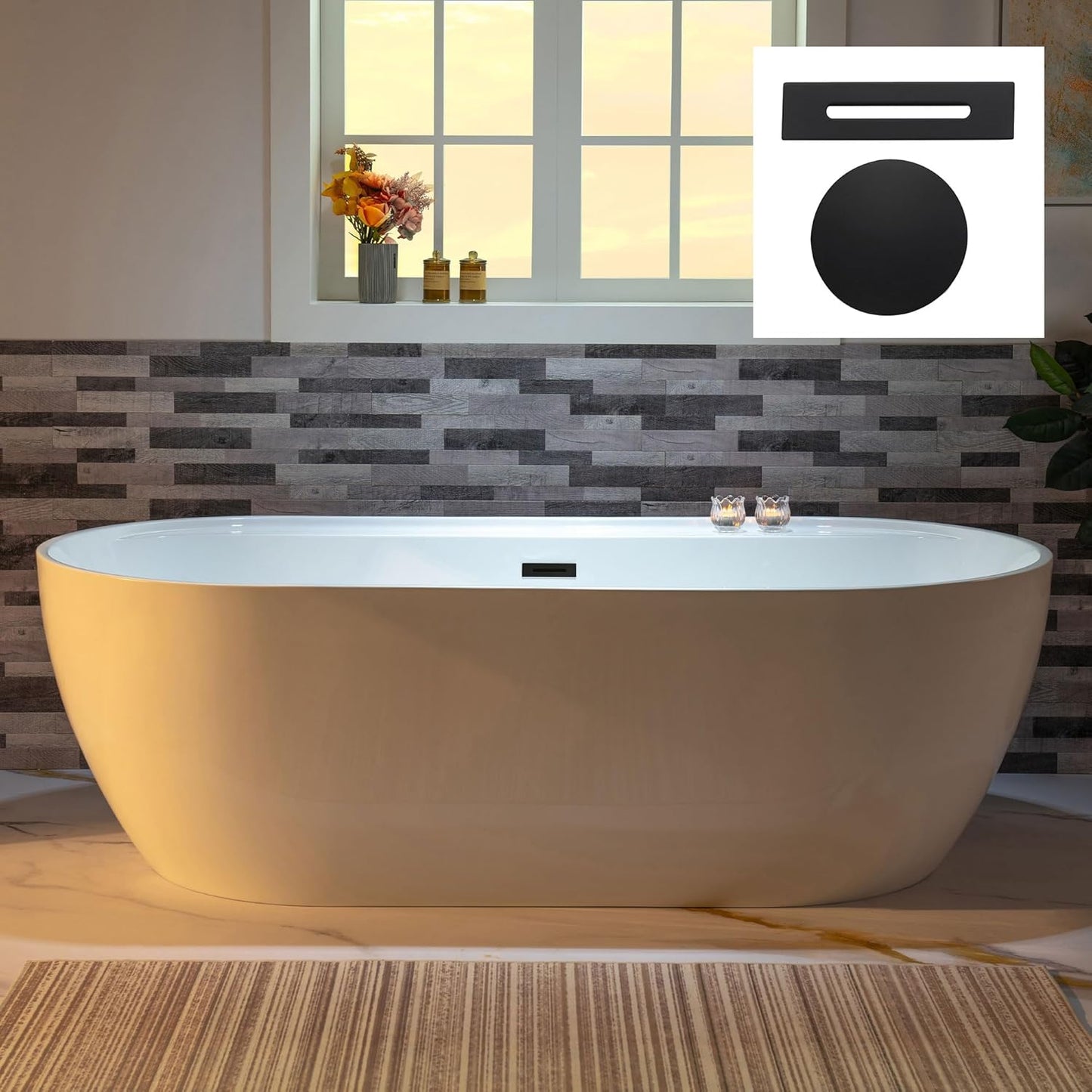 WOODBRIDGE 72" Acrylic Freestanding Bathtub Contemporary Soaking White Tub with Matte Black Overflow and Drain,B0059-MB