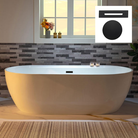 WOODBRIDGE 72" Acrylic Freestanding Bathtub Contemporary Soaking White Tub with Matte Black Overflow and Drain,B0059-MB
