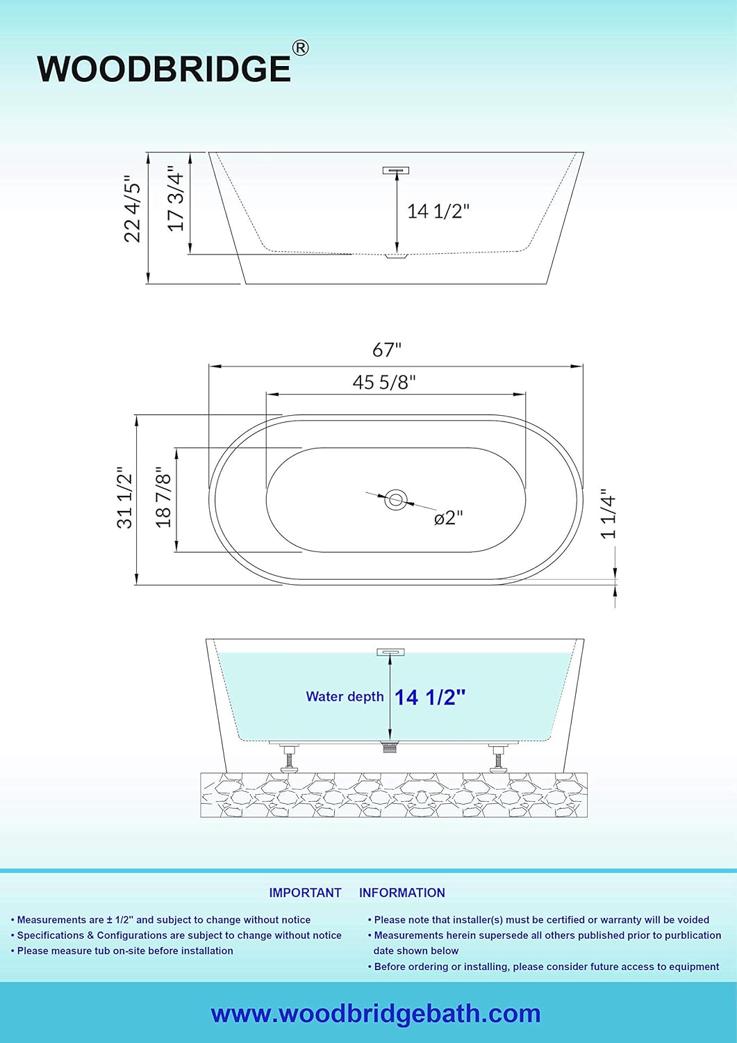 WOODBRIDGE 67" Acrylic Freestanding Bathtub Contemporary Soaking Tub, White Acrylic (Matte Black Drain/Overflow), B0013-MB-Drain &O