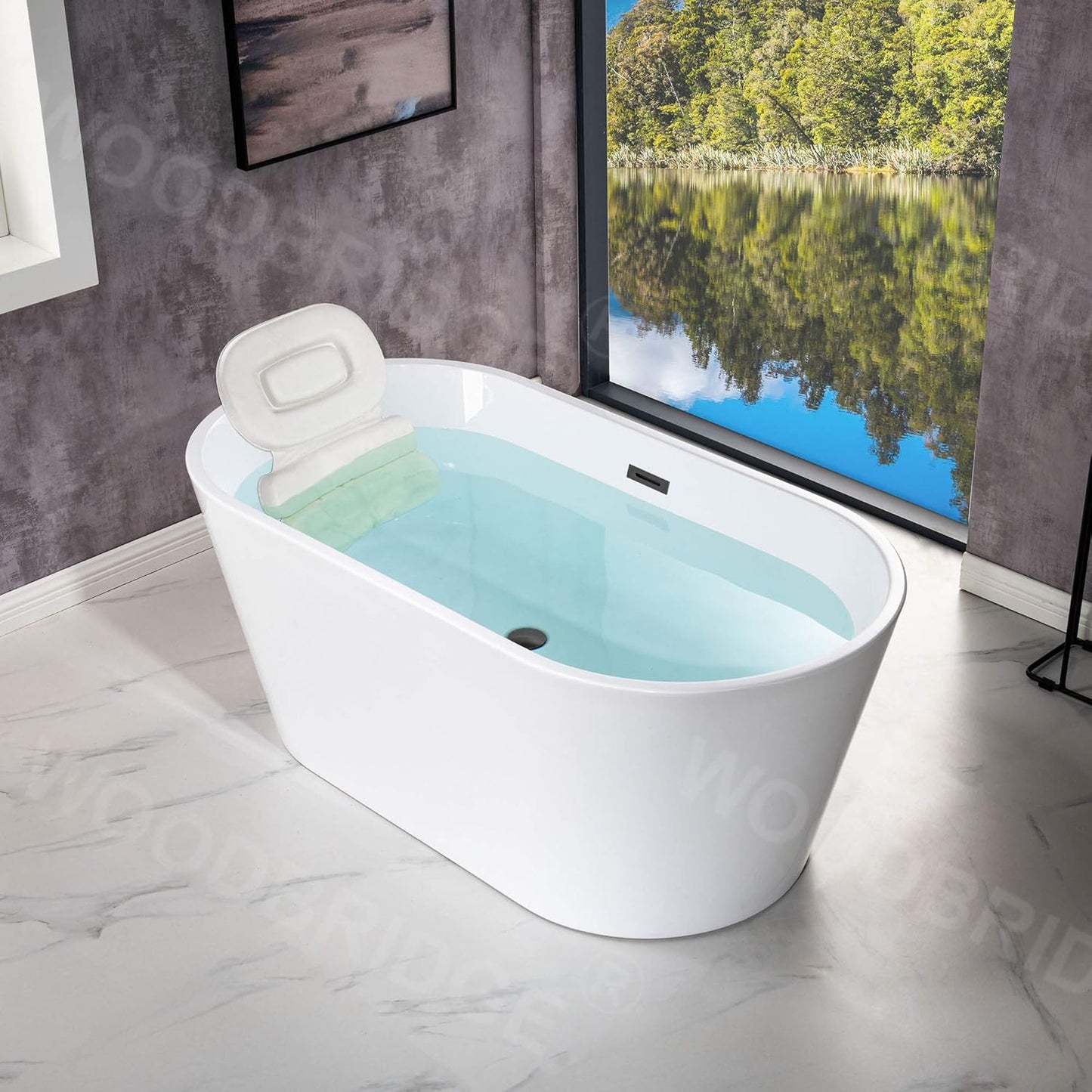 WOODBRIDGE 59" Freestanding White Acrylic Soaking Bathtub with Brushed Gold Drain and Overflow,BTA1514 -BG-Drain &O