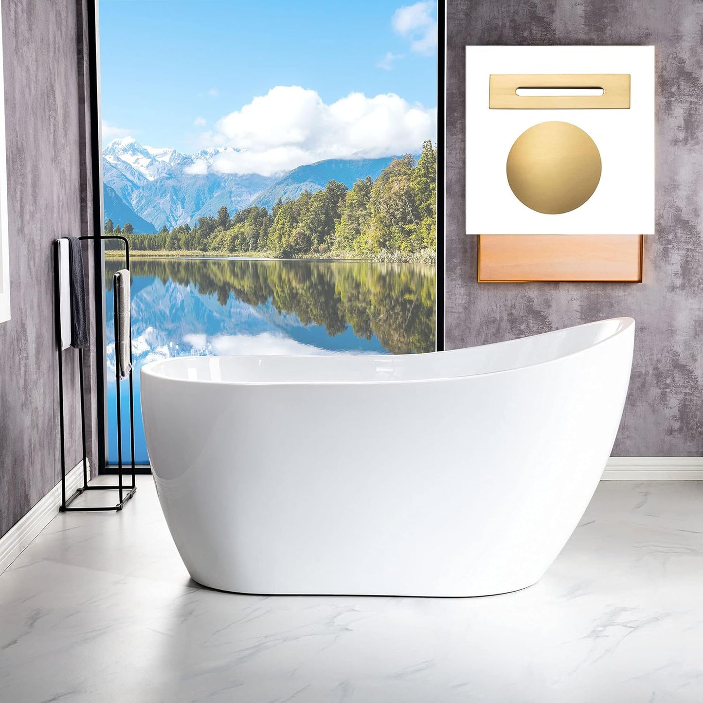 WOODBRIDGE Acrylic Freestanding Contemporary Soaking Tub with Brushed Nickel Overflow and Drain, B-0006 / BTA1507, 54" Bathtub White