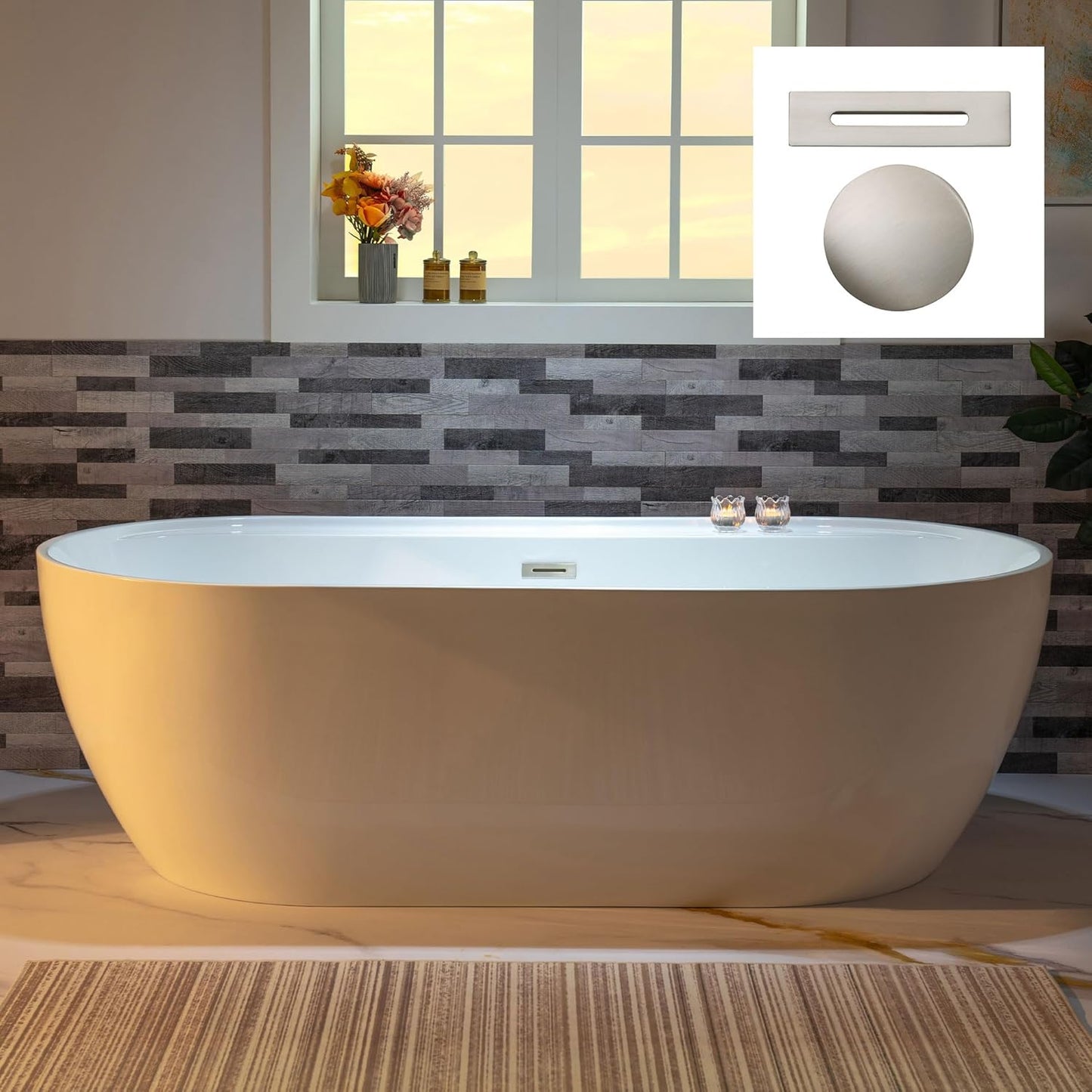 WOODBRIDGE 72" Acrylic Freestanding Bathtub Contemporary Soaking White Tub with Matte Black Overflow and Drain,B0059-MB