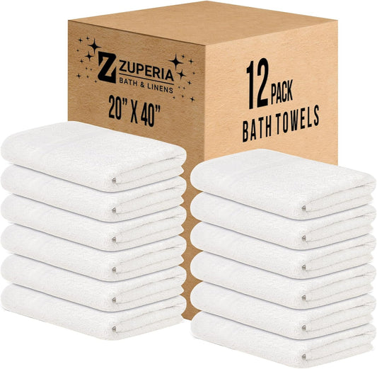 ZUPERIA White Bath Towels Bulk - 20 x 40 Inches, 100% Cotton Economy Light Weight Towels for Commercial Use - Quick Dry, Ultra-Soft, and Absorbent Bulk Towels (12, Bath Towel 20"x40")
