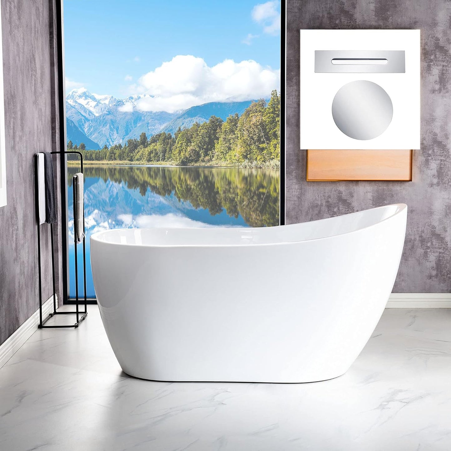 WOODBRIDGE Acrylic Freestanding Contemporary Soaking Tub with Brushed Nickel Overflow and Drain, B-0006 / BTA1507, 54" Bathtub White