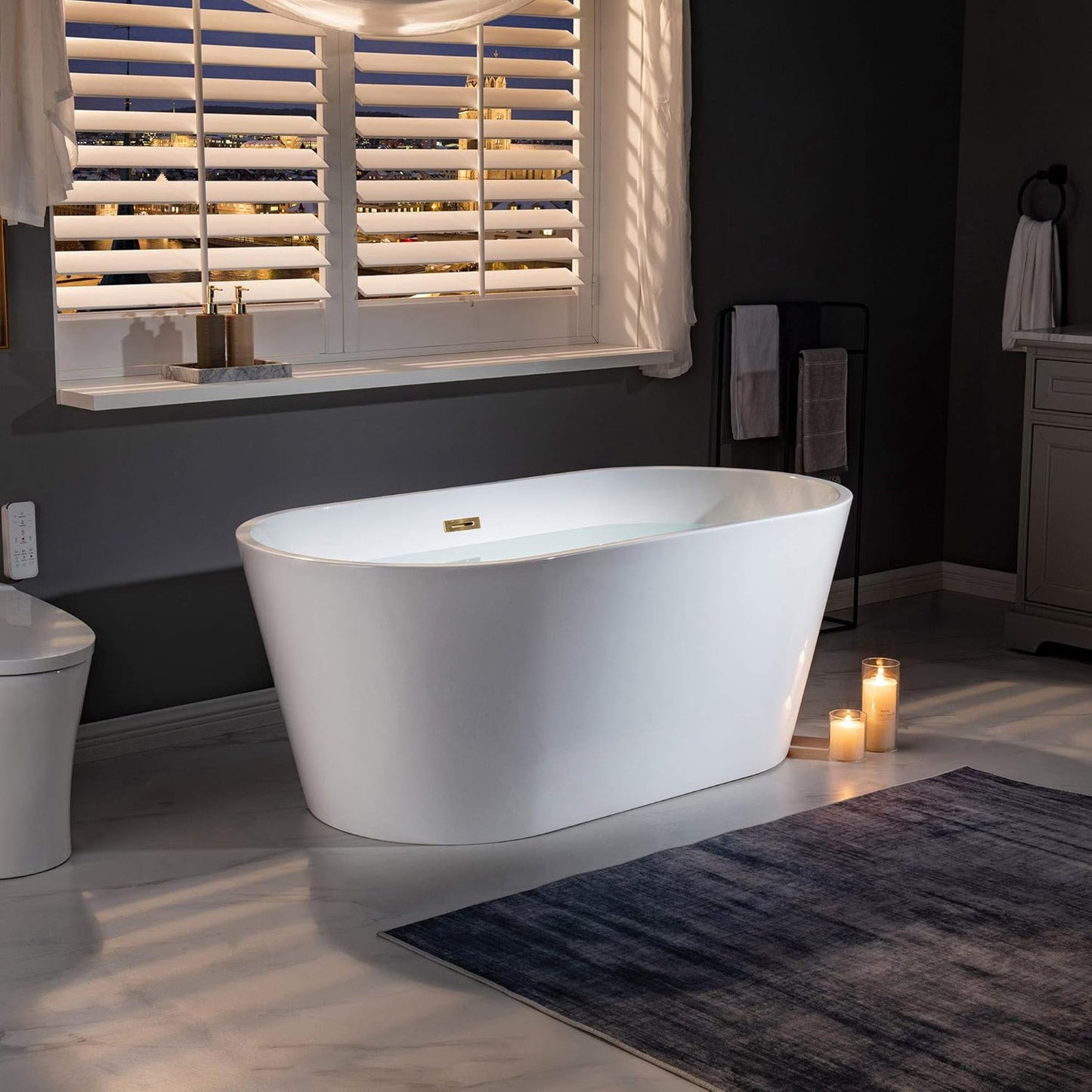 WOODBRIDGE 59" Freestanding White Acrylic Soaking Bathtub with Brushed Gold Drain and Overflow,BTA1514 -BG-Drain &O
