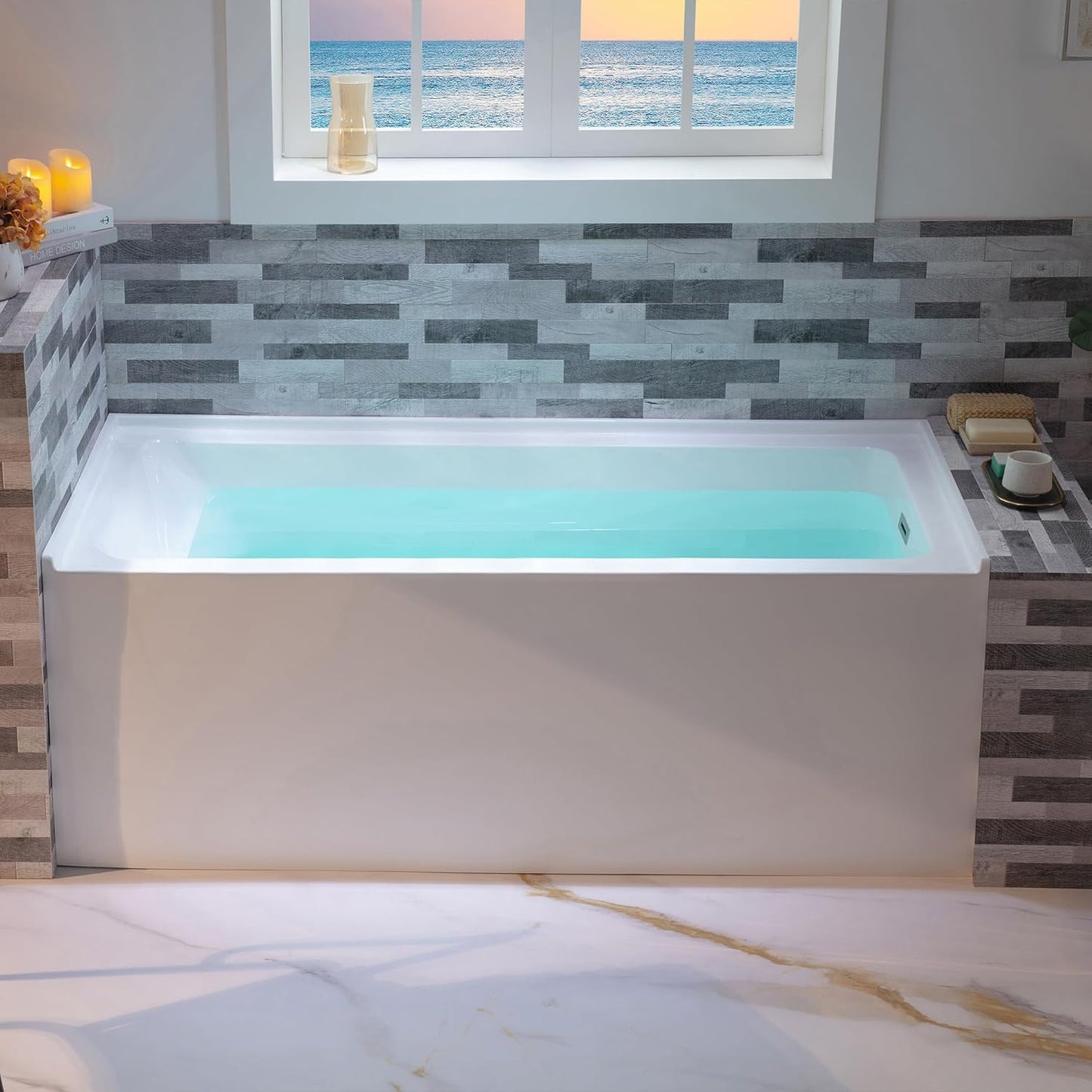 WOODBRIDGE 60" Acrylic Rectangular Alcove Soaking Bathtub in White with Left Drain, Chrome pop-up Drain Included, LB428-L