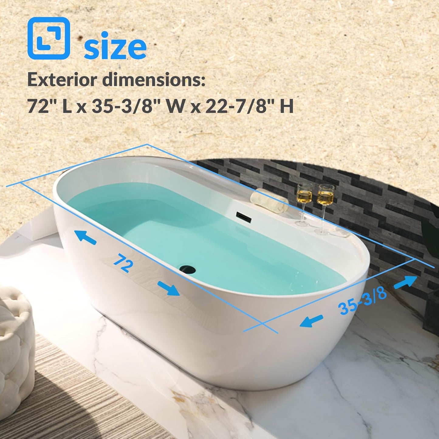 WOODBRIDGE 72" Acrylic Freestanding Bathtub Contemporary Soaking White Tub with Matte Black Overflow and Drain,B0059-MB