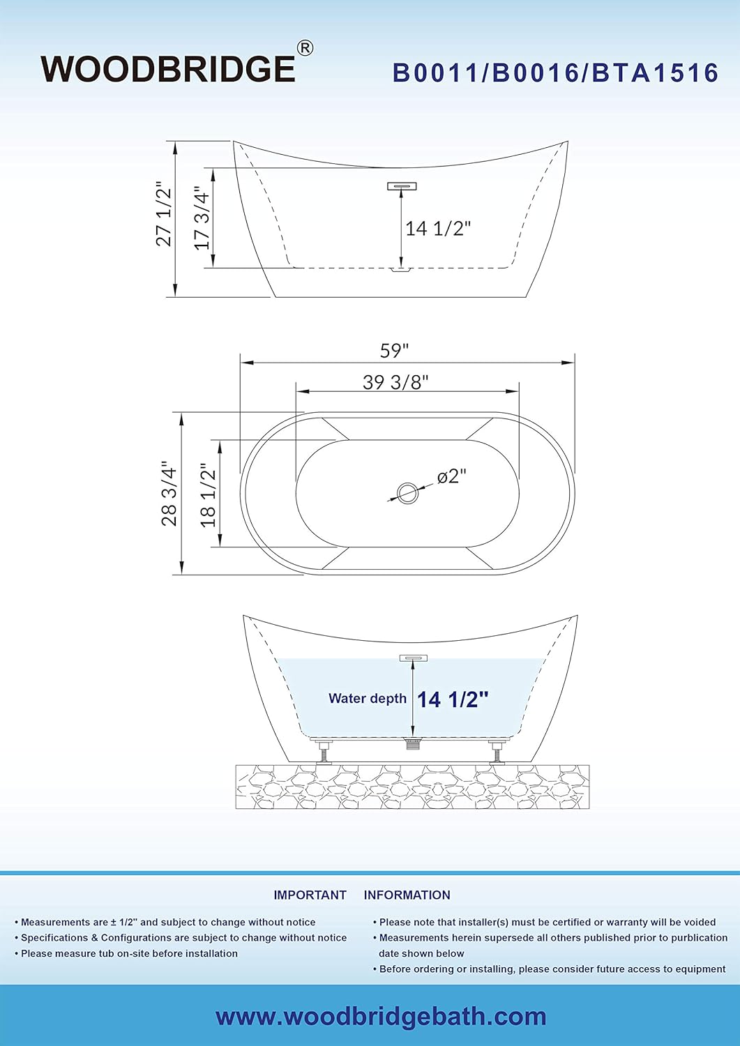 WOODBRIDGE 59" Acrylic Freestanding Bathtub Contemporary Soaking Tub with Brushed Nickel Overflow and Drain B-0016 -B/N-Drain &O