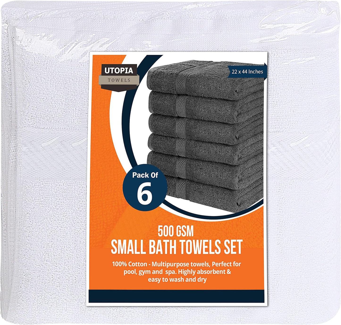 Utopia Towels 6 Pack Small Bath Towel Set, 22 by 44 Inches, 500 GSM 100% Ring Spun Cotton, Lightweight and Highly Absorbent Quick Drying Premium Towels for Hotel, Spa and Bathroom, White