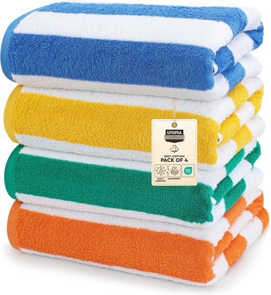 Utopia Towels 4 Pack Cabana Stripe Beach Towel, 30 by 60 Inches, Oversized 100% Ringspun Cotton Pool Towels, Highly Absorbent Bath Towels for Bathroom