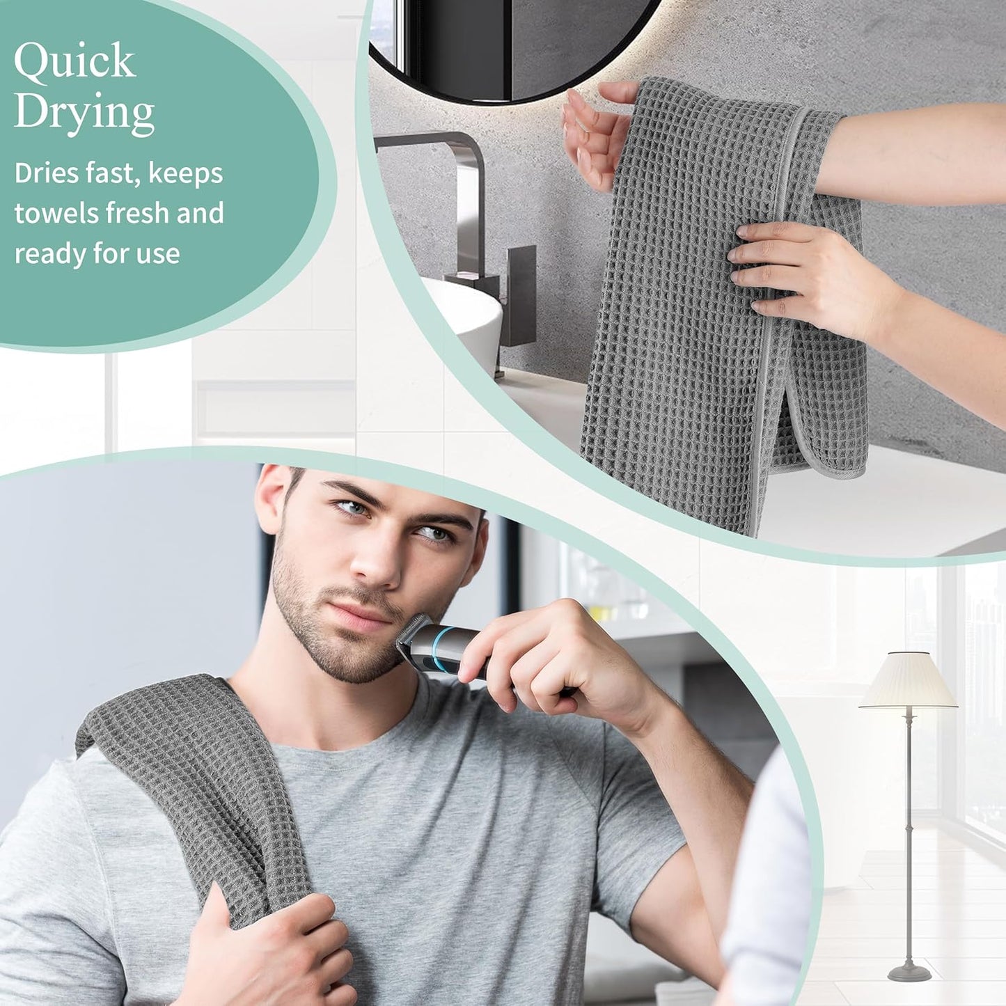 Microfiber Waffle Hand Towels, 2 Pieces, Soft, Absorbent, Fast Drying, Lint Free (Gray)