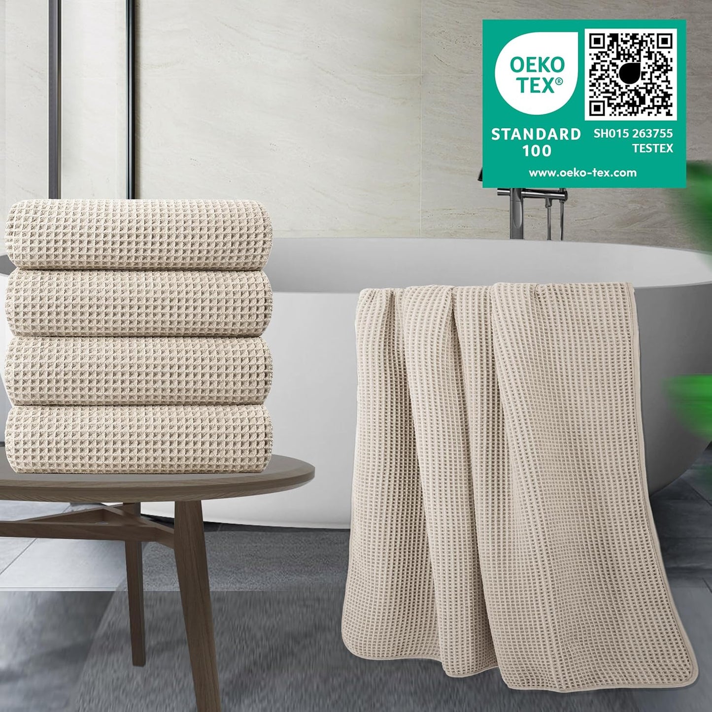 POLYTE Microfiber Oversize Quick Dry Lint Free Bath Towel, 60 x 30 in, 4 Pack (Beige, Waffle Weave)